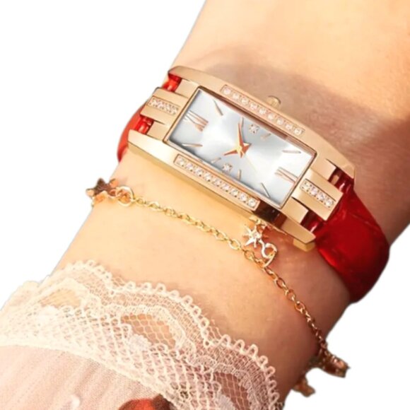 New Lady Quartz Rhinestone PU Leather Wristwatch With Square Roman Numerals Dial - Picture 1 of 4